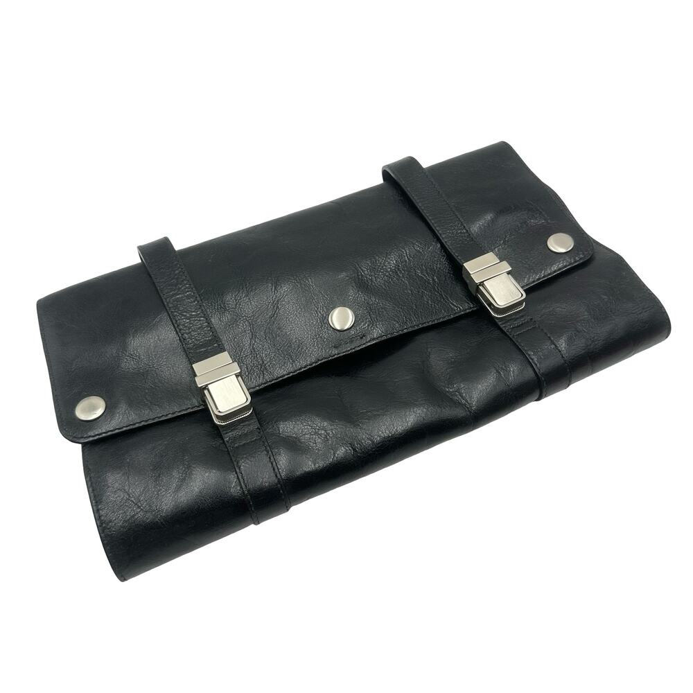 REDENVELOPE Vtg Black Leather Excursion Travel Toiletry Case Bag Trifold